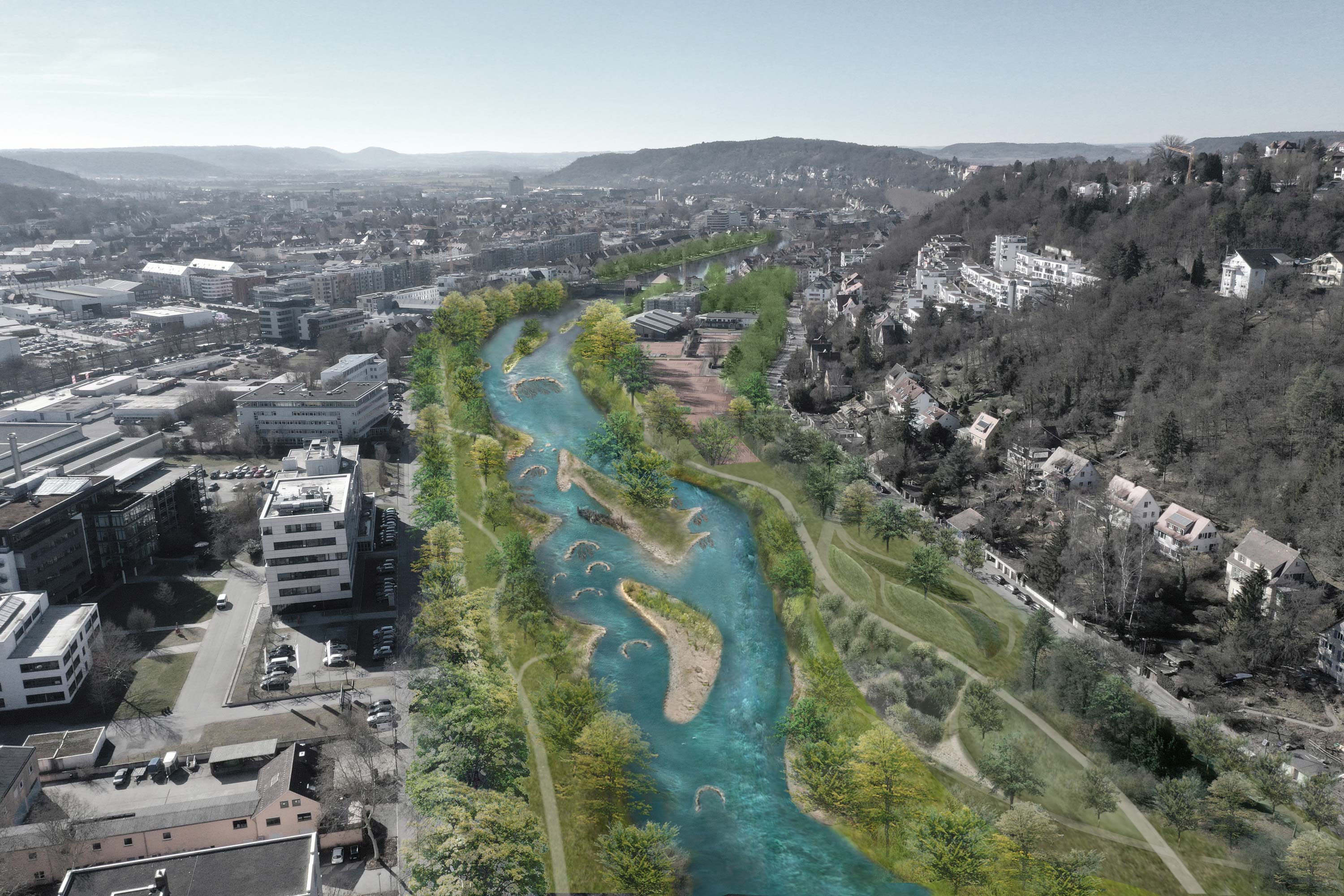 Luftaufnahme eines renaturierten Flusslaufs